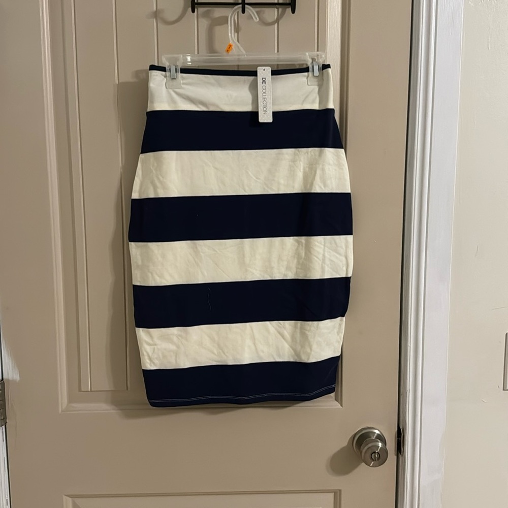 Knee length blue and white stripe skirt